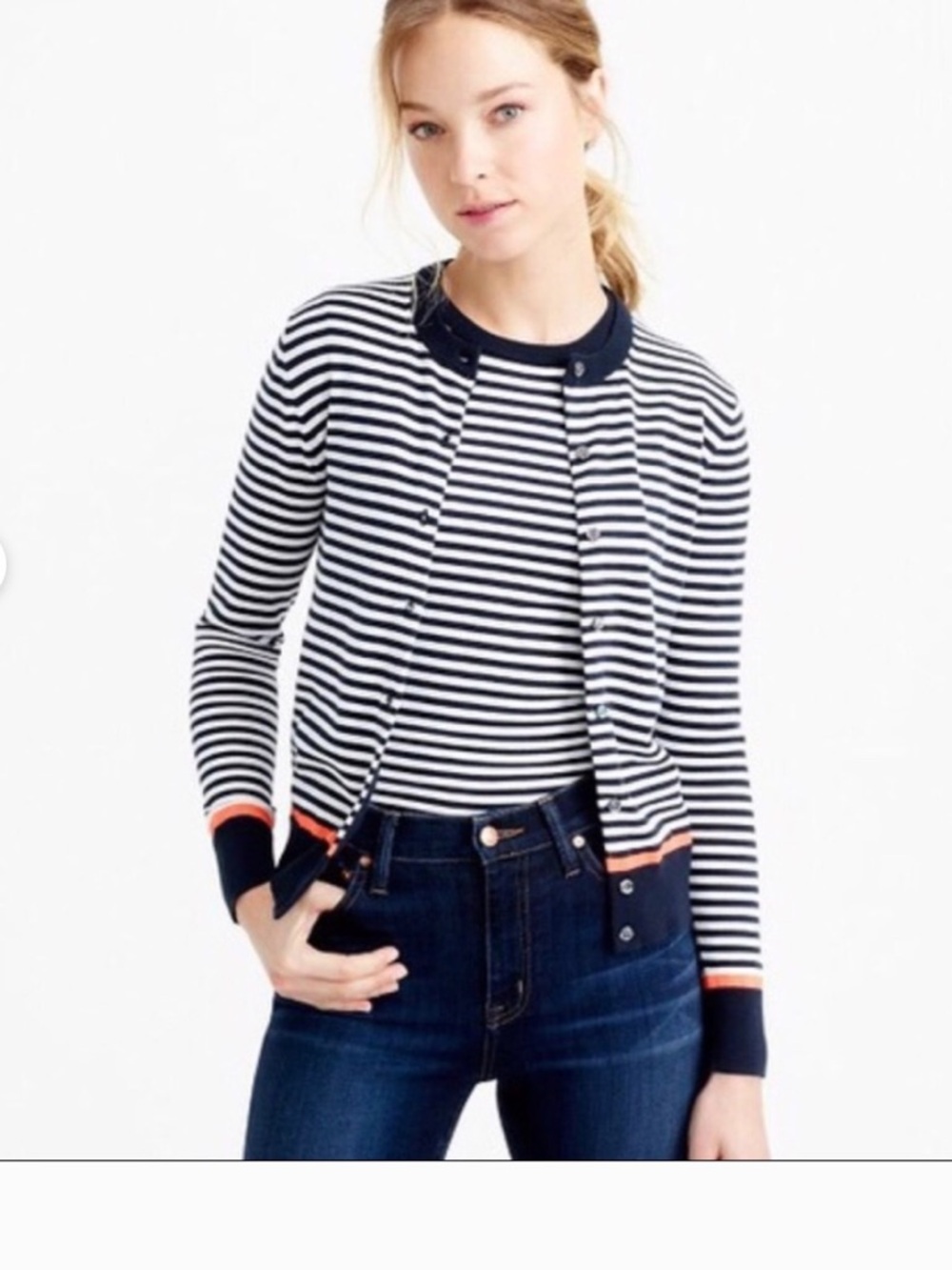 J. Crew Navy and White Striped Cardigan, w/ orange accents Size XL